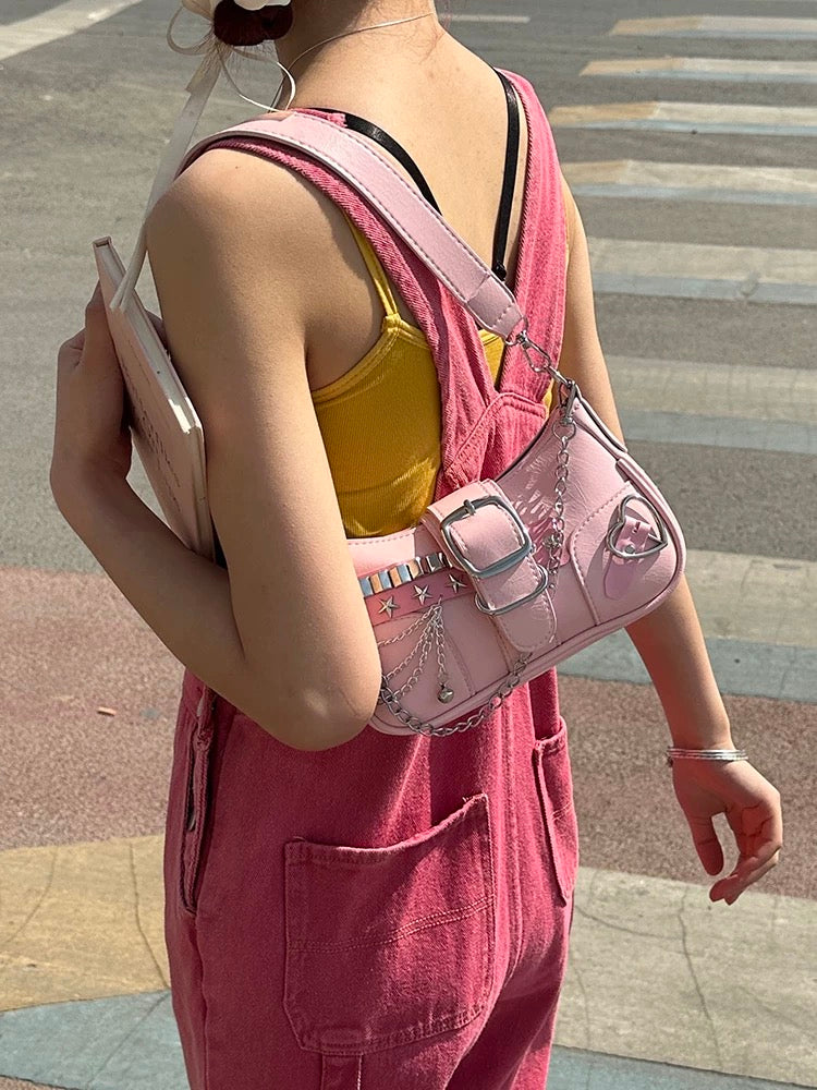 Women Casual Y2K Heart Buckle Shoulder Bag Chain Decor PU Underarm Purse for Girls