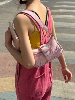 Women Casual Y2K Heart Buckle Shoulder Bag Chain Decor PU Underarm Purse for Girls