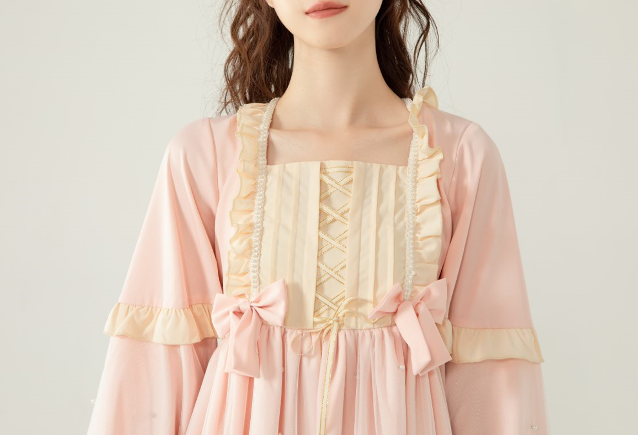 Sweet Lolita Pearl Bow Princess Dress Long Sleeve Japanese Style Mesh Overlay Pullover Kawaii Girl Outfit
