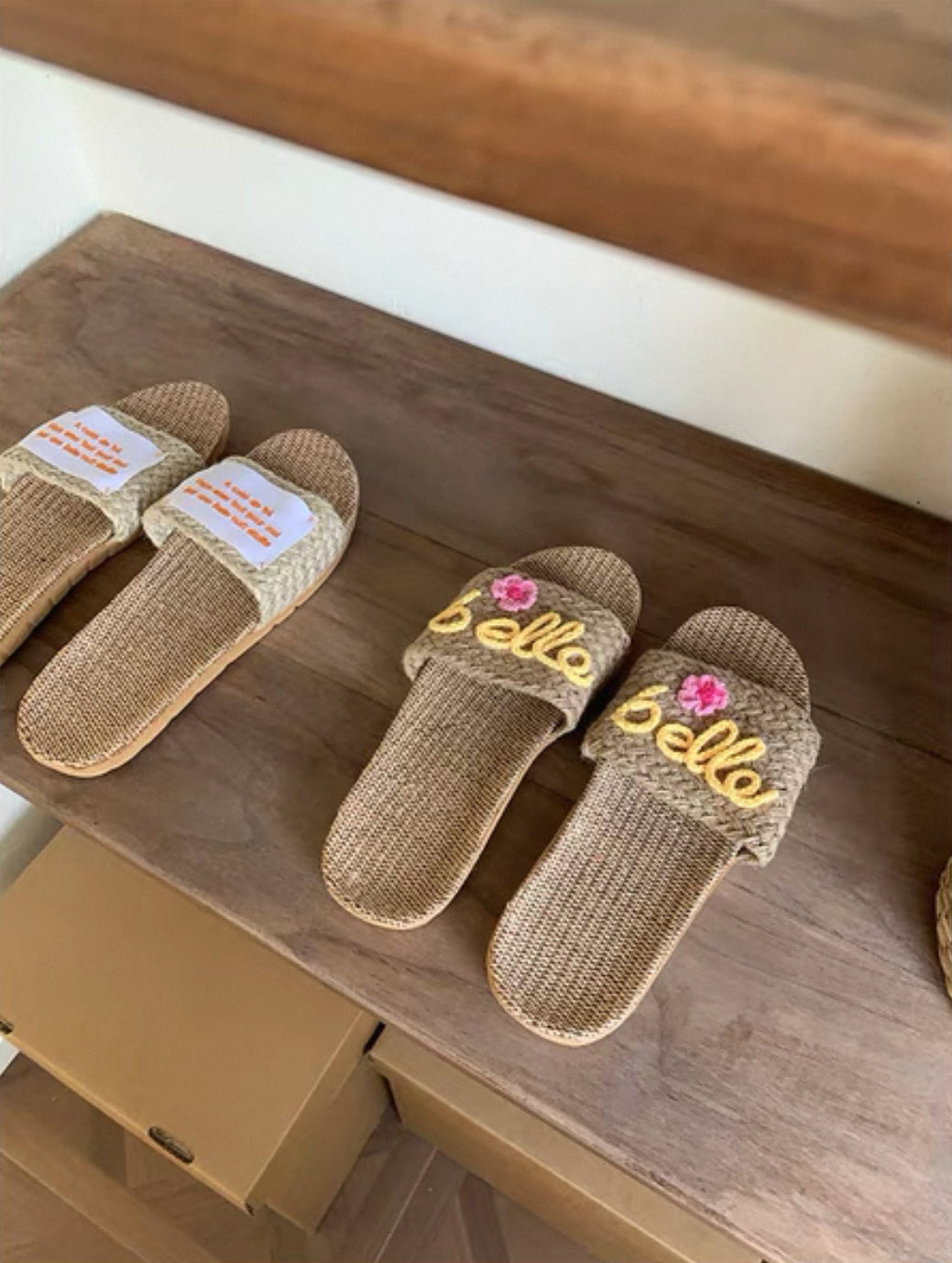 Custom Handwoven Straw Bag & Linen Slippers Set Personalized Summer Beach Tote Embroidered Slides Boho Vacation Gift