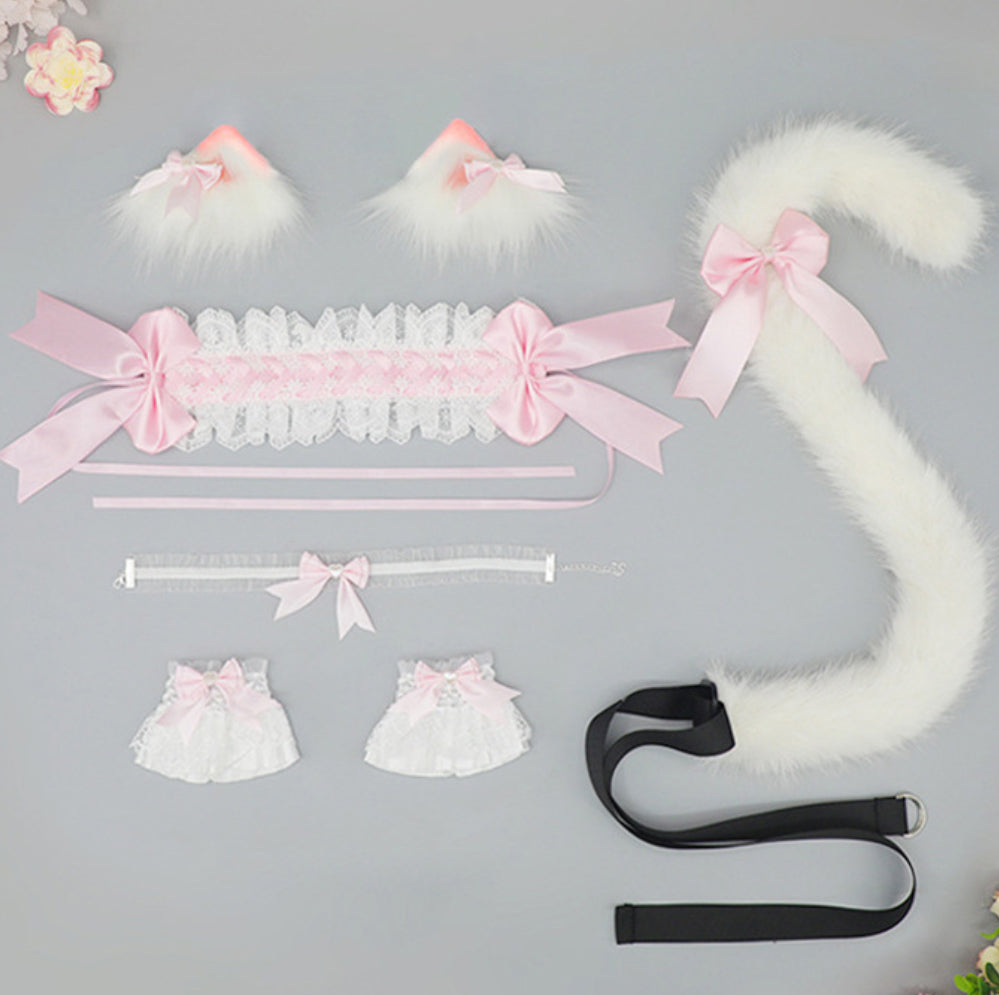 Kawaii Lolita Cat Ear Accessory Set Fluffy Neko Ears, Tail, Bows & Lace Choker Cosplay Kit