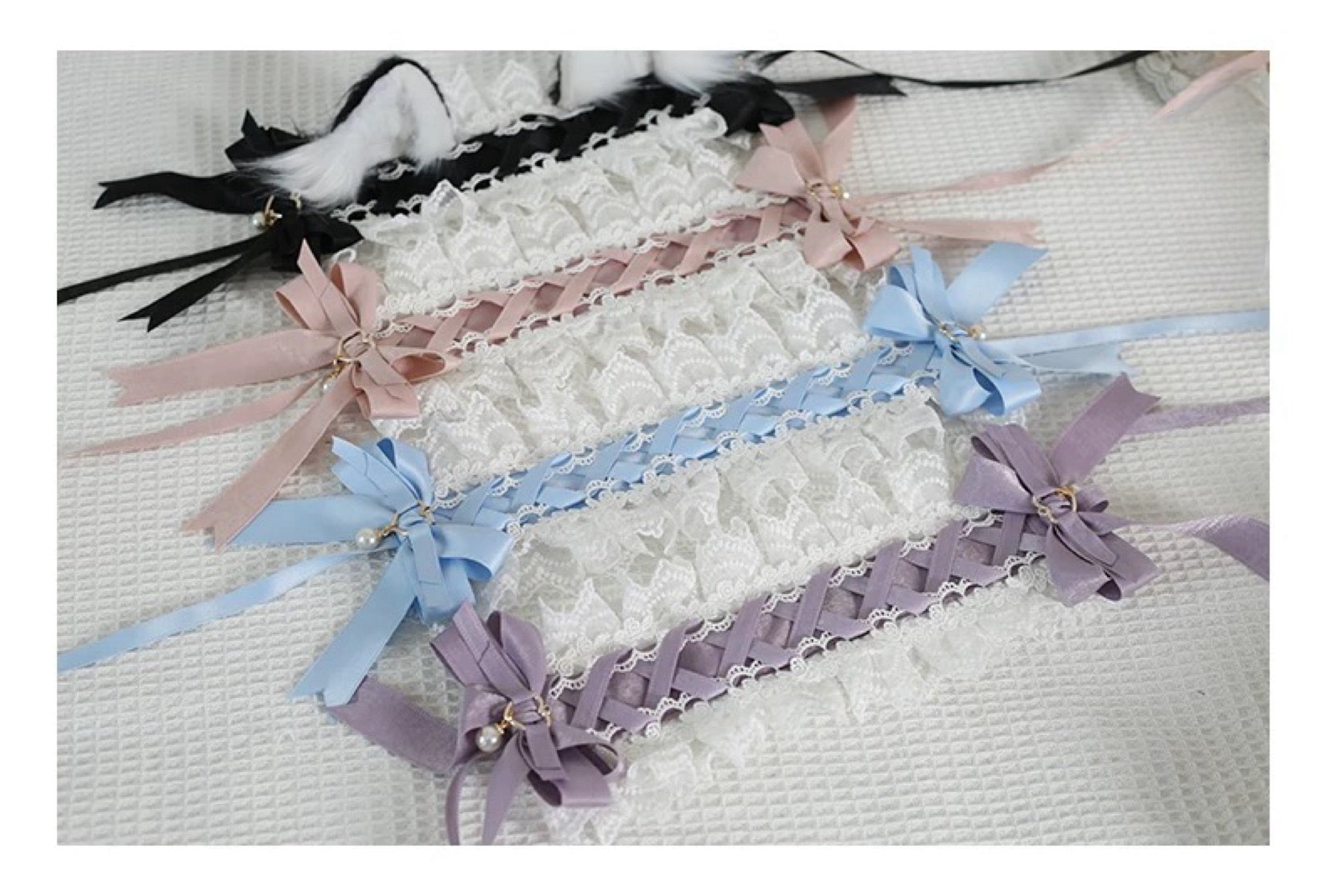 Removable Cat Ear Lolita Lace Headband with Bows & Clips Detachable Animal Ears Headdress for Girls