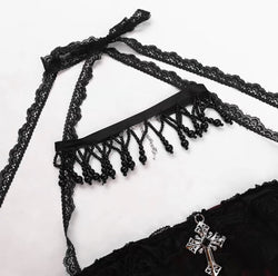 Gothic Lace Halter Corset Top for Women Dark Red Black Bustier Tank with Cross Pendant Vampcore Duchess Aesthetic