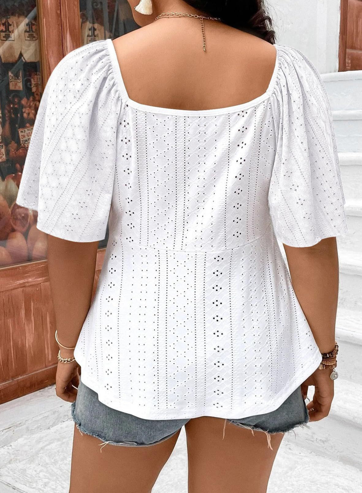 Plus Size Sweet Eyelet Cotton Blouse for Women Ruched Front Tie Puff Sleeve Summer Top