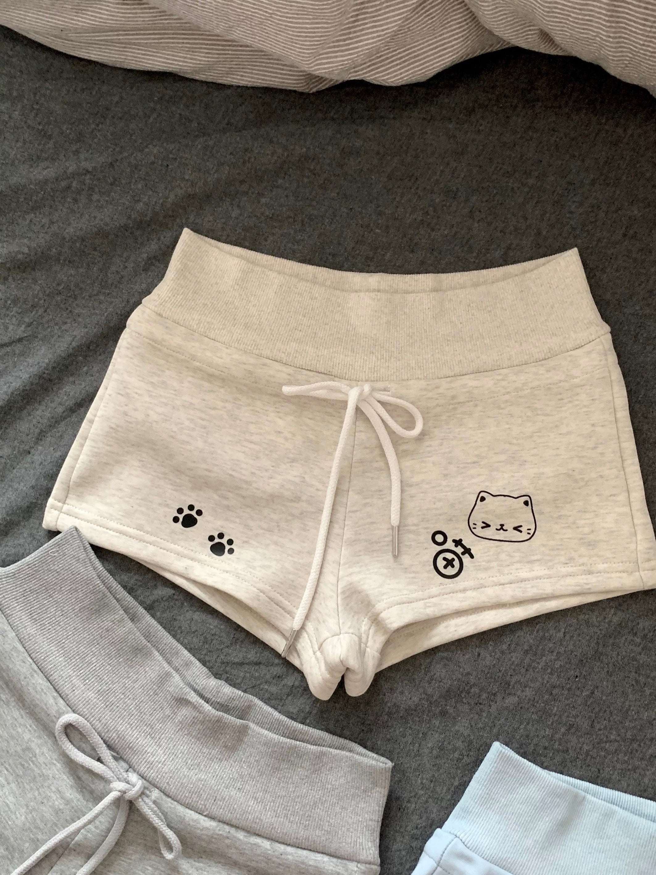 Kawaii Cat Paw Print Cotton Shorts Soft High Waist Lounge Shorts with Drawstring