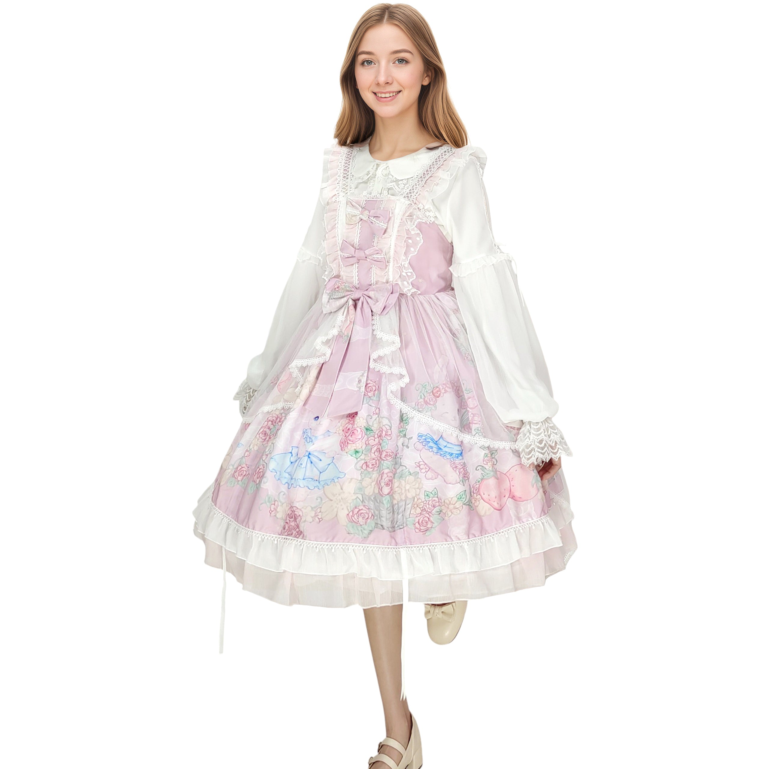 Sweet Lolita Cupcake Cat Print JSK Dress with Lace Ruffles Big Bow Kawaii Princess Style