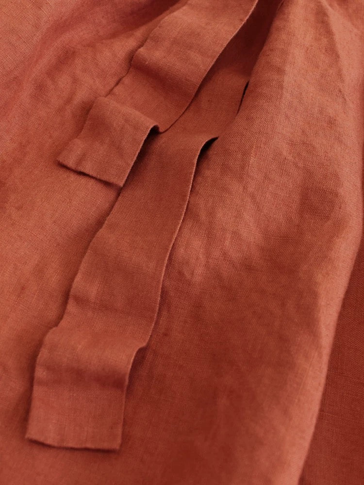 Pure Linen Belted Midi Dress for Women Natural Short Sleeve One-Piece Summer Sundress