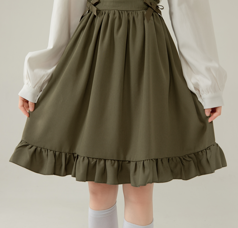 Japanese Sweet Ruffle Suspender Skirt Army Green High-Waist Half Skirt with Bows