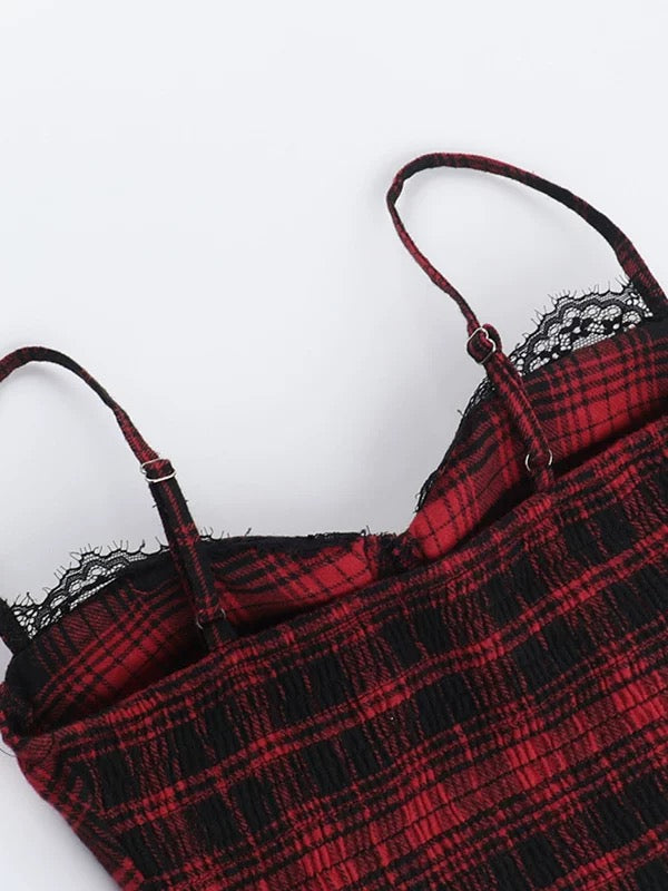 Y2K Punk Plaid Crop Top with Built-in Bra Gothic Lace Trim Tank Camisole for Women Adjustable Straps