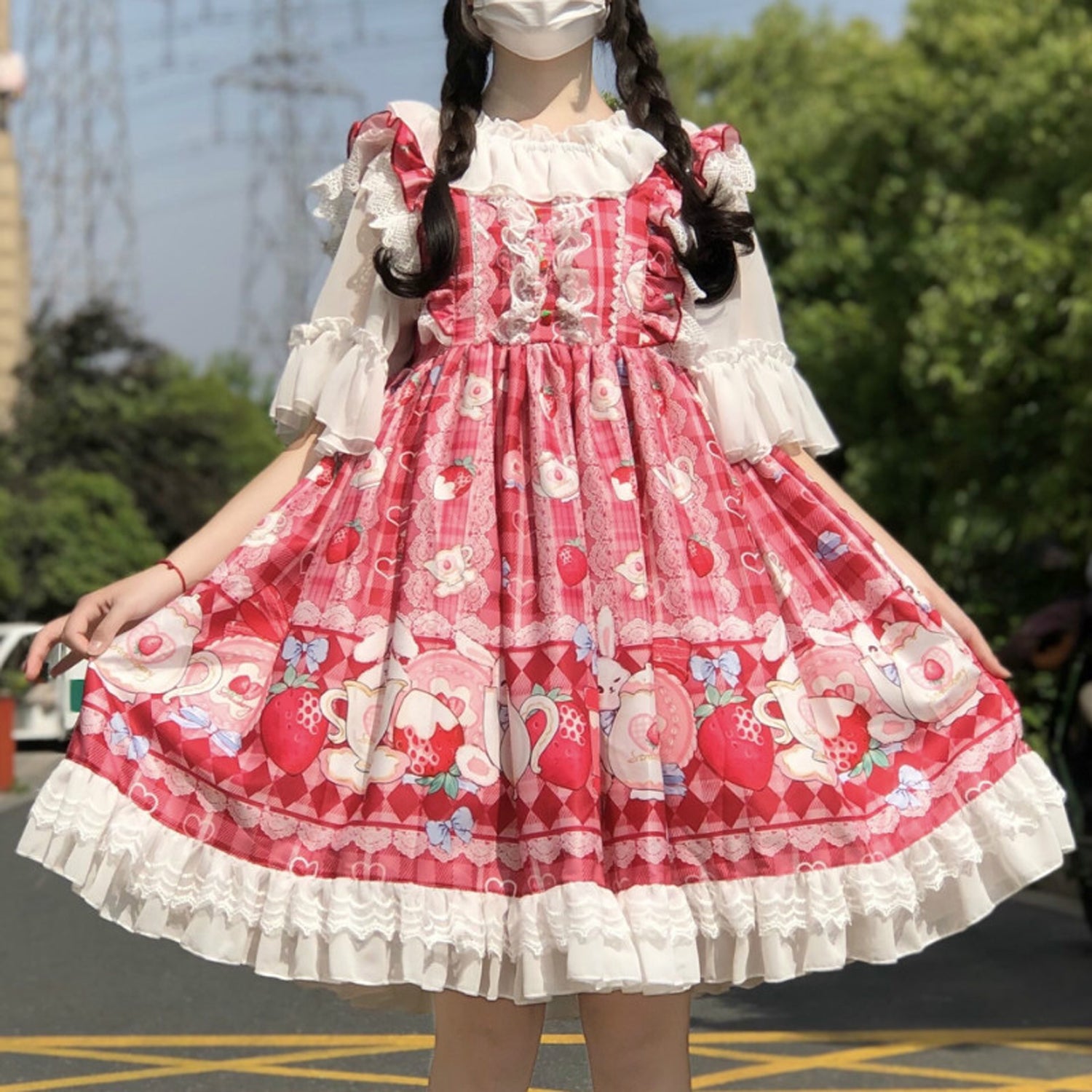 Women Girls Lolita Dress Lace Ruffle Frill Pleat Japanese Lovely Kawaii Cosplay Sweetheart Style