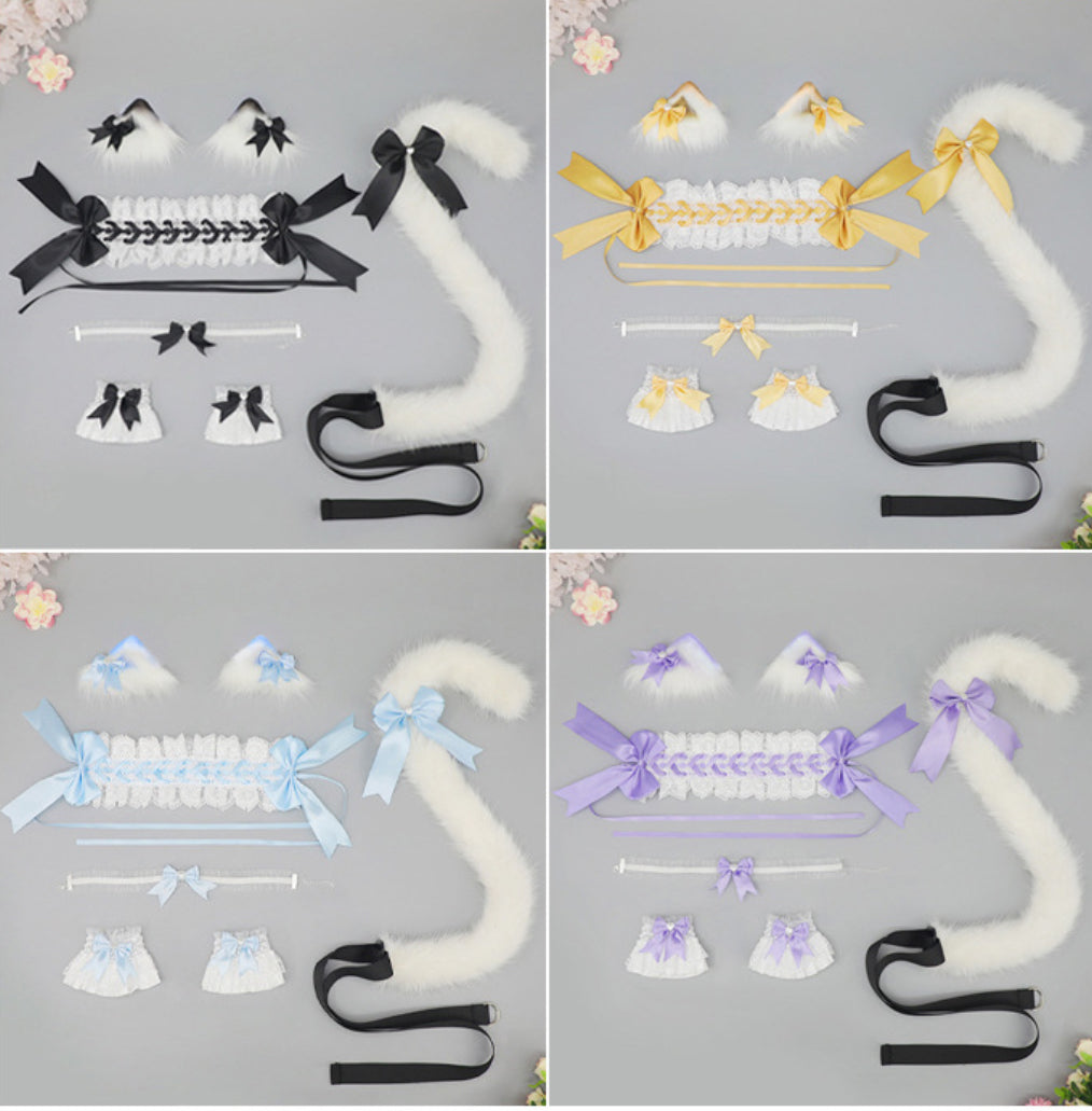 Kawaii Lolita Cat Ear Accessory Set Fluffy Neko Ears, Tail, Bows & Lace Choker Cosplay Kit