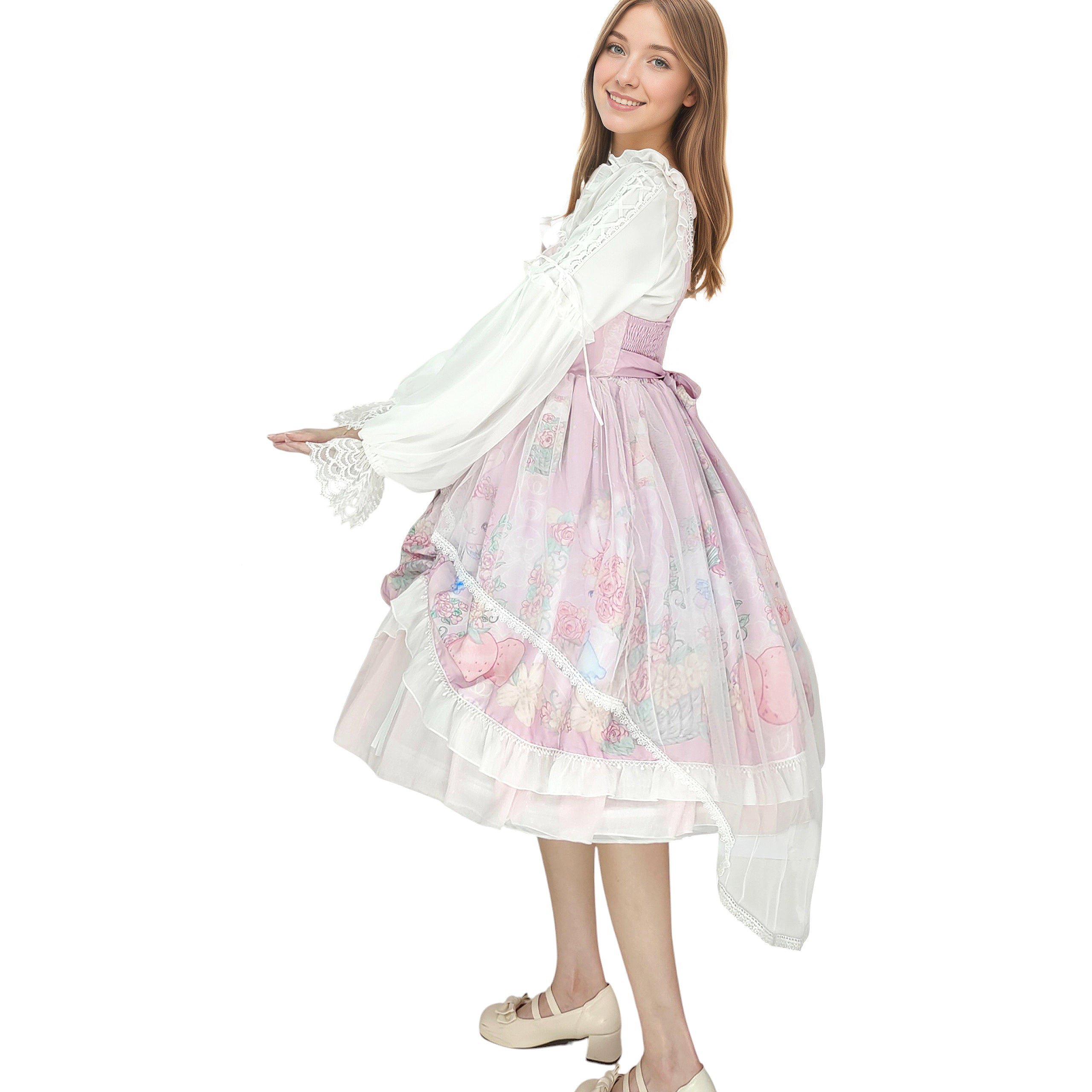 Sweet Lolita Cupcake Cat Print JSK Dress with Lace Ruffles Big Bow Kawaii Princess Style