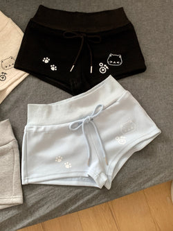 Kawaii Cat Paw Print Cotton Shorts Soft High Waist Lounge Shorts with Drawstring