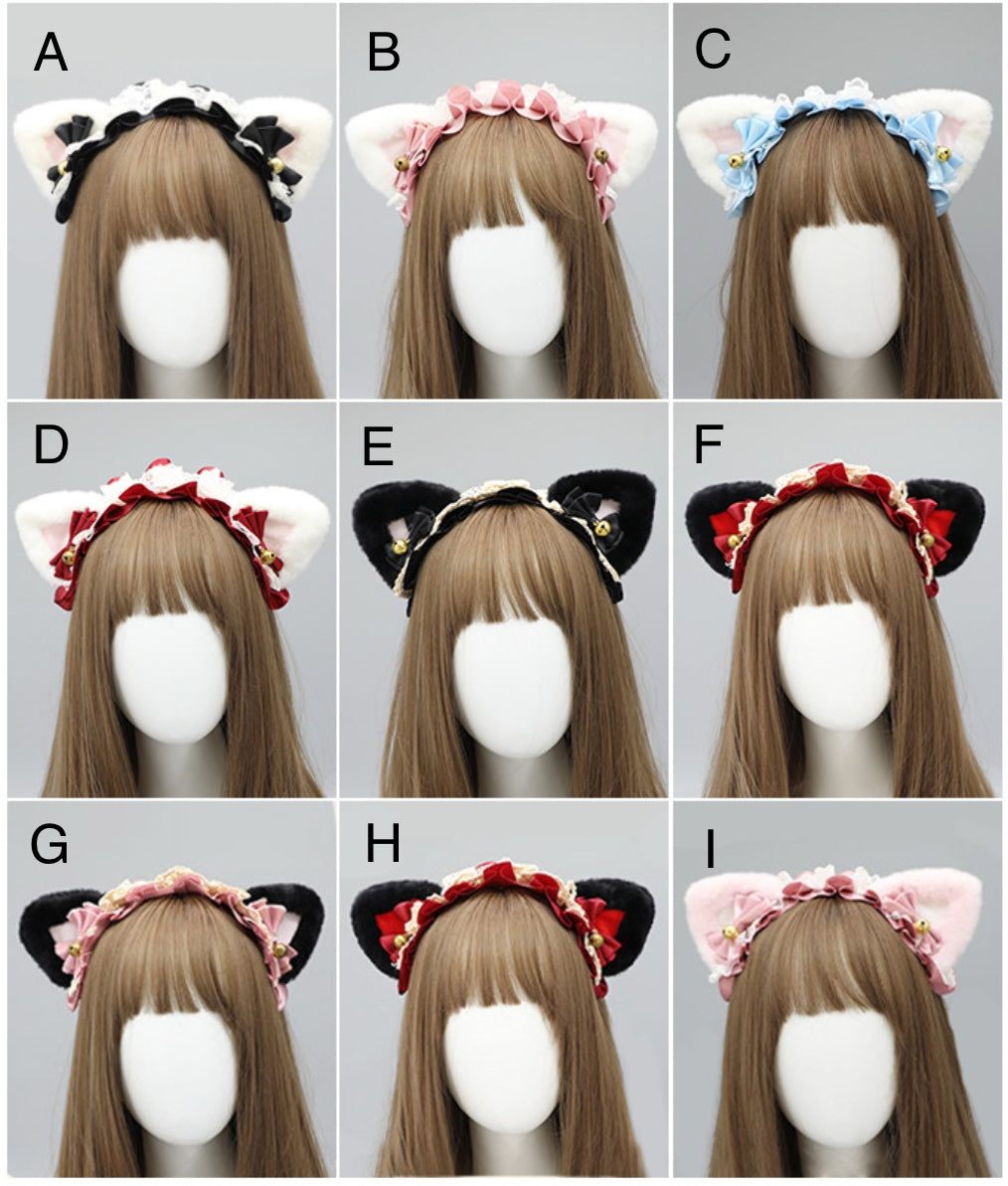 Cute Lolita Cat Ear Headband with Lace Bows Kawaii Fluffy Neko Maid Hair Accessory