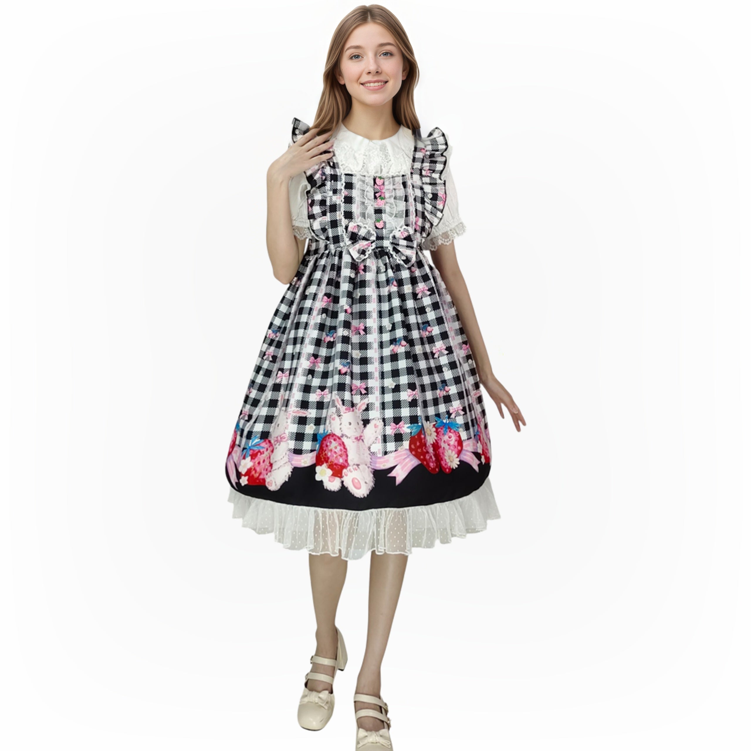 Kawaii Rabbit Strawberry Plaid Lolita JSK Dress with Gingham Print Lace Trim