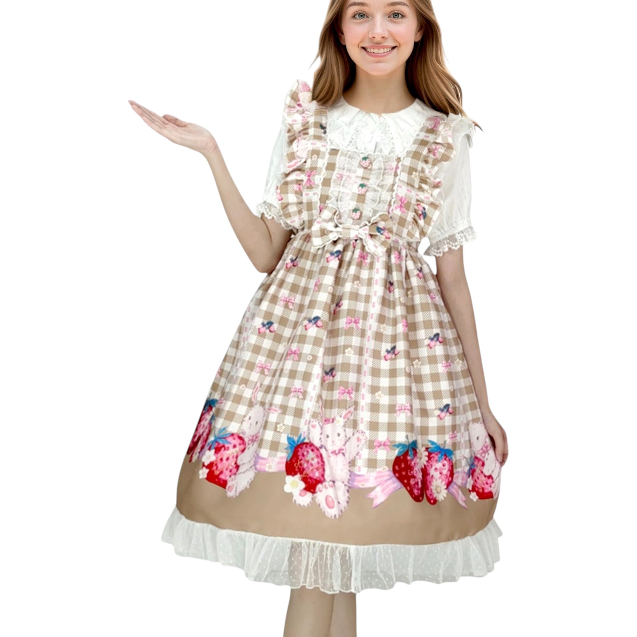 Kawaii Rabbit Strawberry Plaid Lolita JSK Dress with Gingham Print Lace Trim