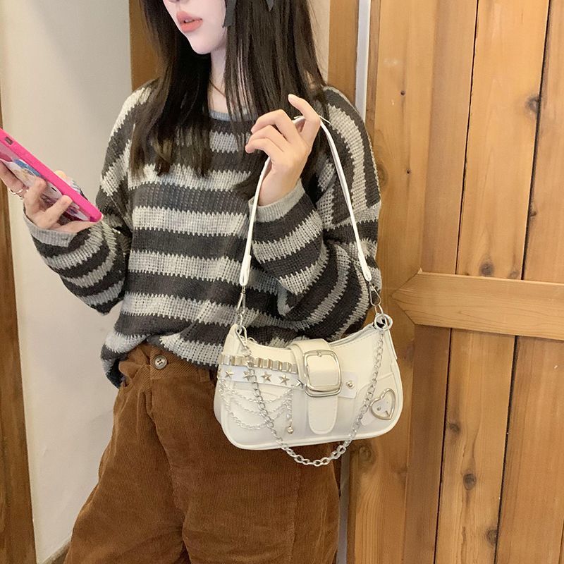 Women Casual Y2K Heart Buckle Shoulder Bag Chain Decor PU Underarm Purse for Girls