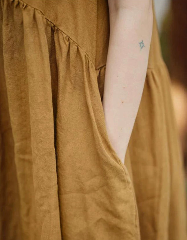 2025 Summer 100% Linen Sleeveless Dress V-Neck Loose Midi Sundress with Coconut Buttons