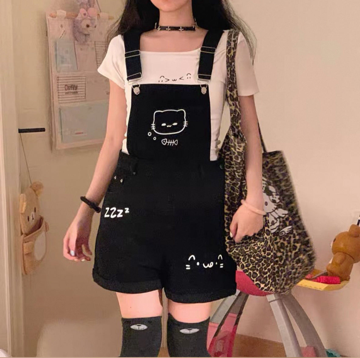 Kawaii Black Cat Print Overall Shorts Cute Suspender Cotton Romper with Cartoon Design