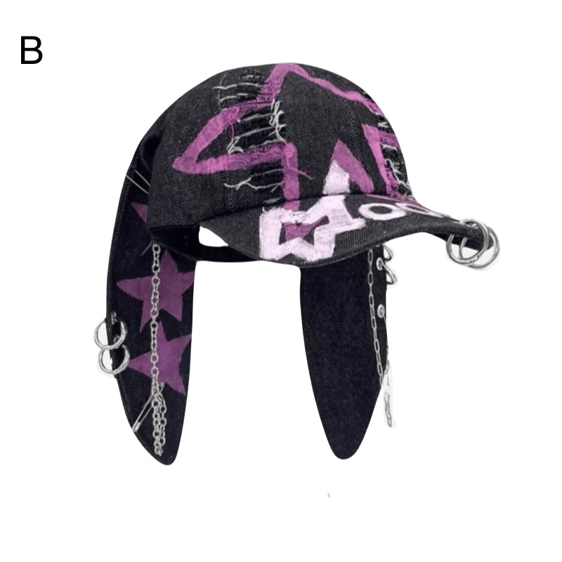 Cute Streetwear Bunny Ear Denim Baseball Cap Washed Graffiti Hip Hop Style Hat
