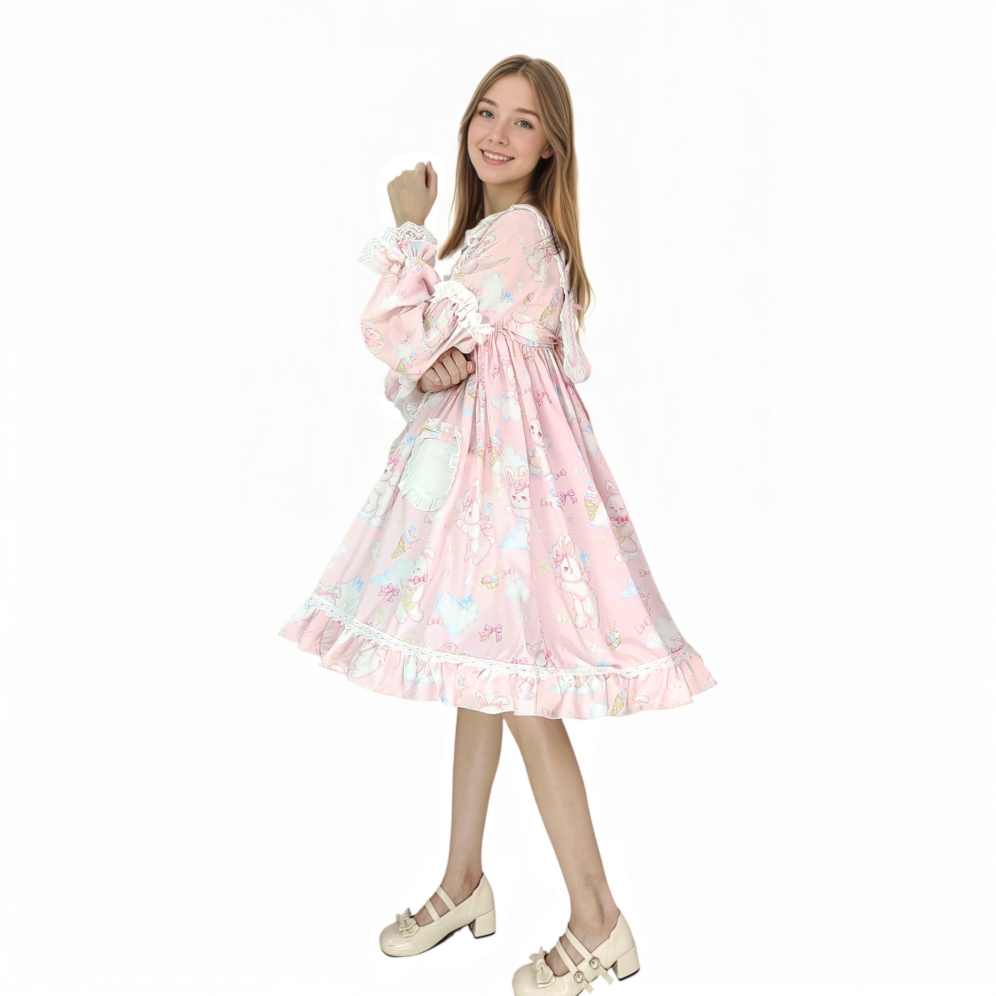 Cute Ladies Pleated Dresses Puff Sleeve Animal Printed Heart Pocket Button Pink/Blue