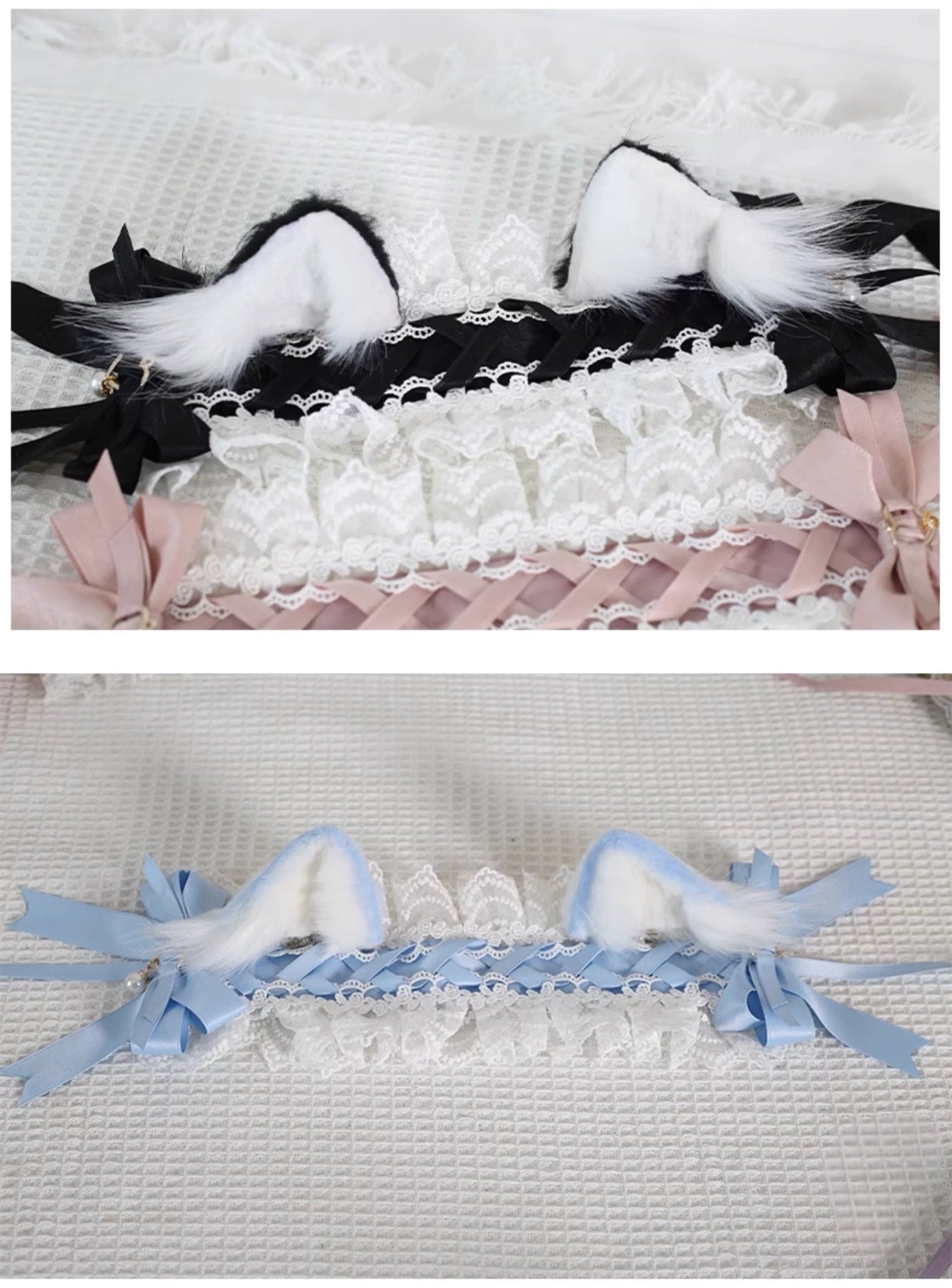Removable Cat Ear Lolita Lace Headband with Bows & Clips Detachable Animal Ears Headdress for Girls