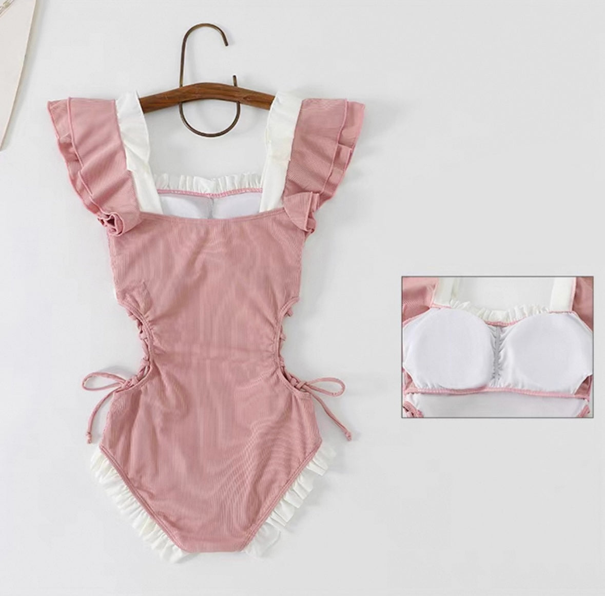 Korean Style Ruffle Bow Cutout One-Piece Swimsuit Kawaii Pink Bathing Suit