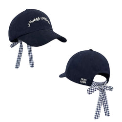 Ribbon Tie Letter Embroidered Baseball Cap Women Casual Hat with Gingham Bow Back