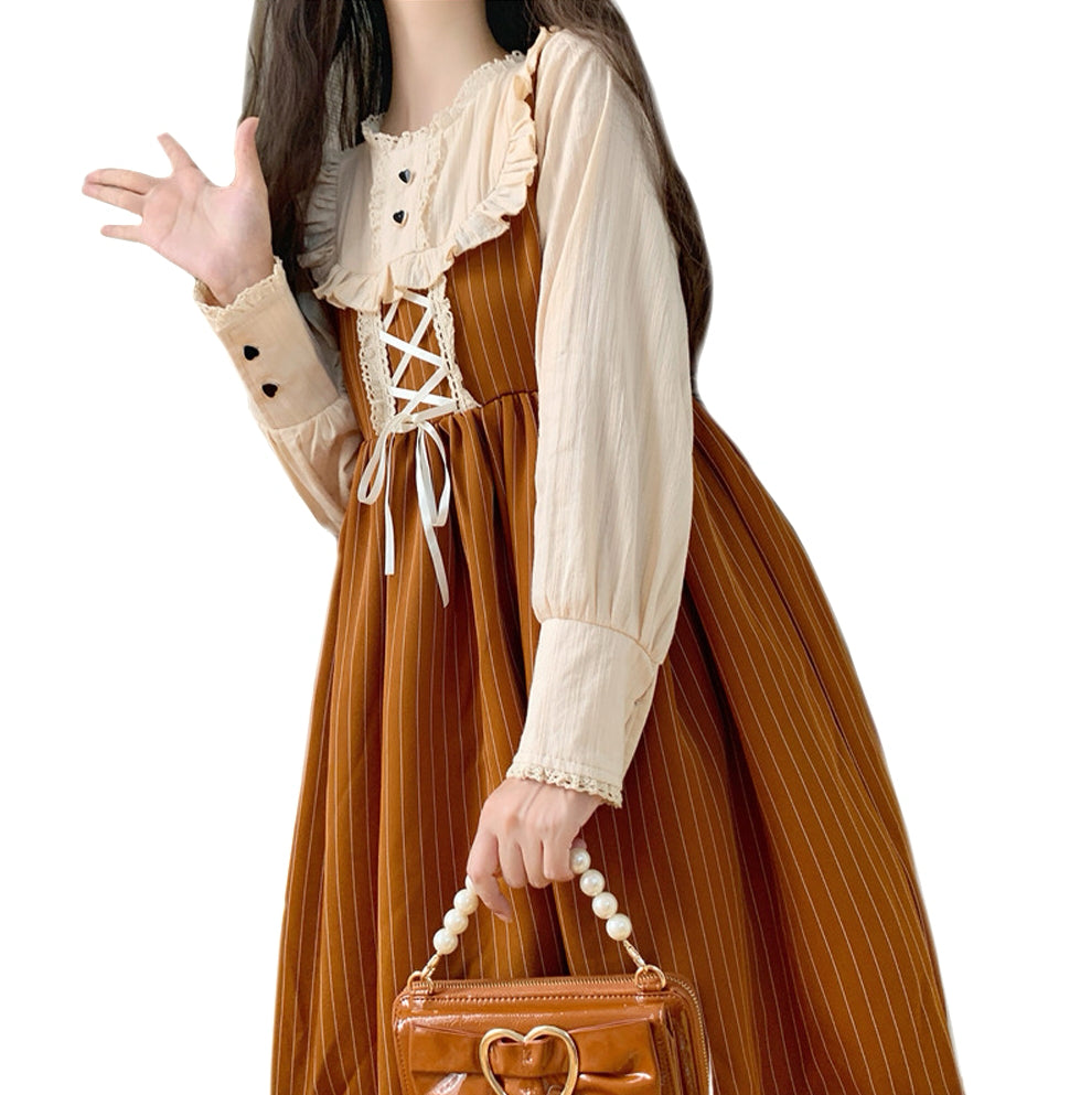 Two-Piece Striped Long Sleeve Bowknot Layered Midi Dress with Lace Trim and Ruffle Hem