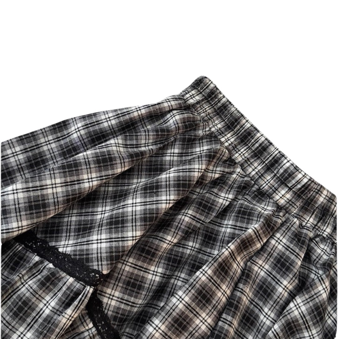 Y2K Plaid Mini Skirt Shorts for Women High Waist Ruffle Hem Lace Trim Skirt Pants with Built-in Safety Shorts