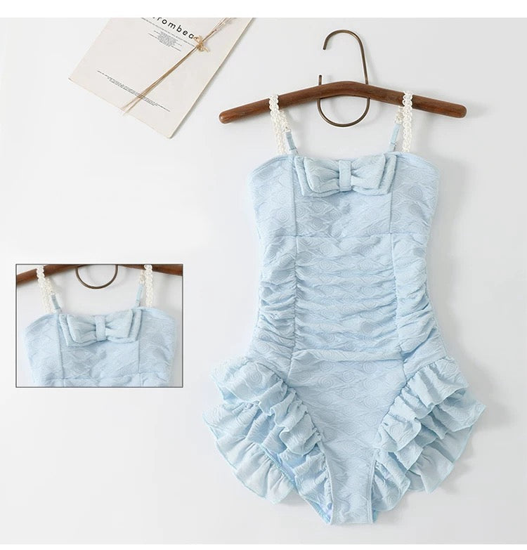 Vintage Style Ruffle One-Piece Swimsuit with Bow – Cute Retro Bathing Suit Summer Beachwear