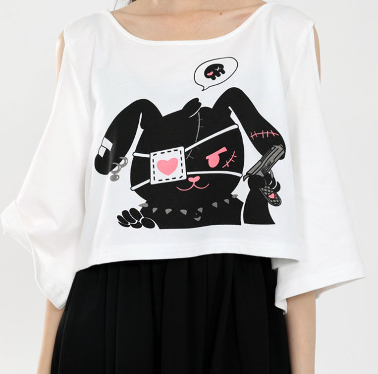 Gloomy Rabbit 2-Piece Kawaii Dress Set Graphic Tee Spaghetti Strap Black Cartoon Dress