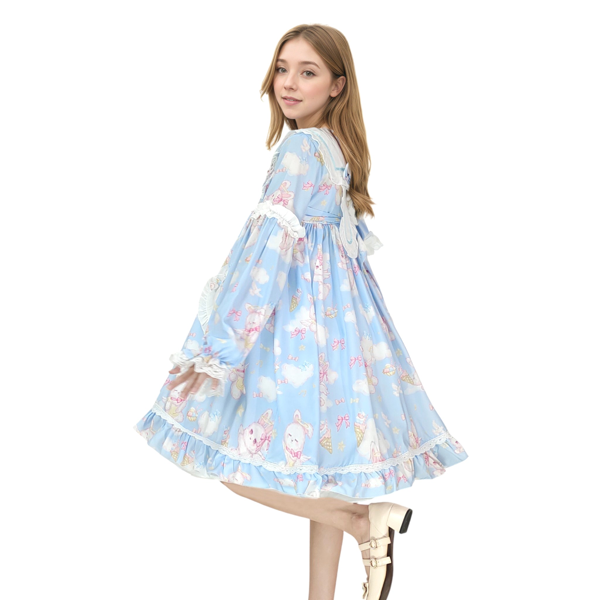 Cute Ladies Pleated Dresses Puff Sleeve Animal Printed Heart Pocket Button Pink/Blue