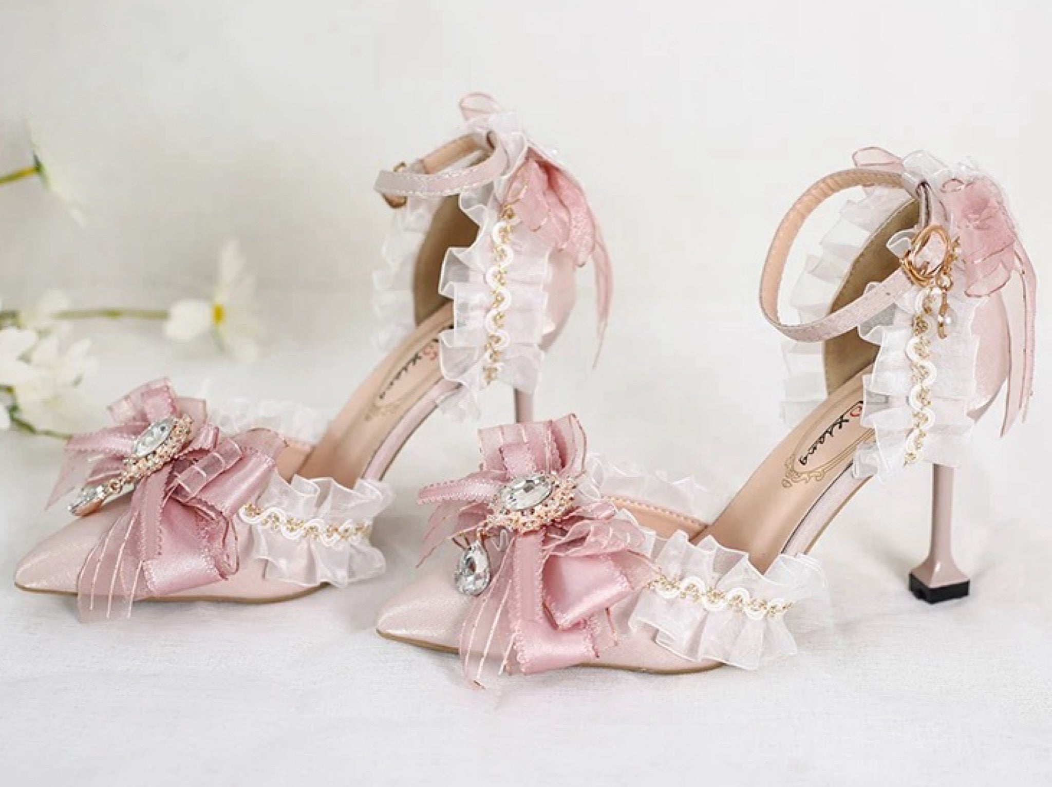 Original Lolita Pink Bow Heels Handmade Bridal Party Shoes with Ruffles & Pearls