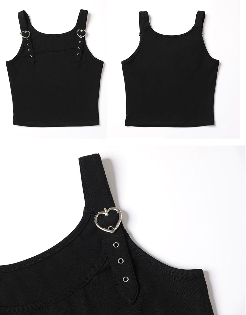Heart Buckle Strap Tank Top for Women Gothic Black Fitted Crop Cami Adjustable Sleeveless Vest