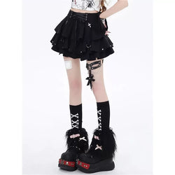 Gothic Lace-Up Layered Mini Skirt for Women Harajuku Y2K Punk High Waist Pleated Skirt