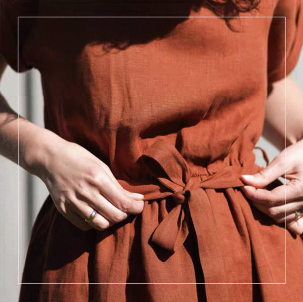 Pure Linen Belted Midi Dress for Women Natural Short Sleeve One-Piece Summer Sundress