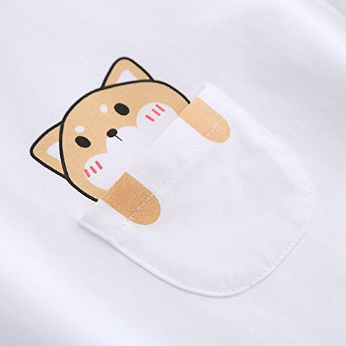 Cute Dog Pocket T-Shirt Women’s Kawaii Shiba Inu Print Short Sleeve Tee Top Casual Loose Summer Shirt