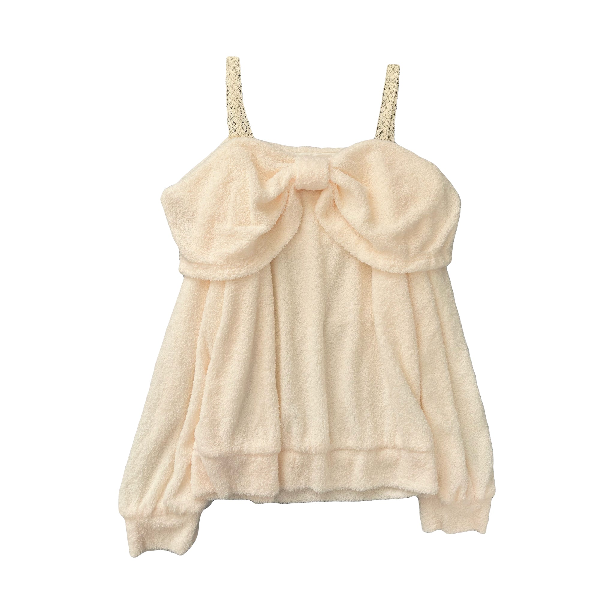 Cream white fluffy off-shoulder big bow pullover