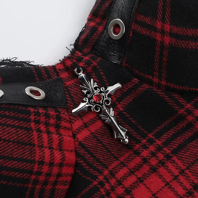 Y2K Punk Plaid Crop Top with Built-in Bra Gothic Lace Trim Tank Camisole for Women Adjustable Straps