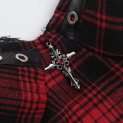Y2K Punk Plaid Crop Top with Built-in Bra Gothic Lace Trim Tank Camisole for Women Adjustable Straps