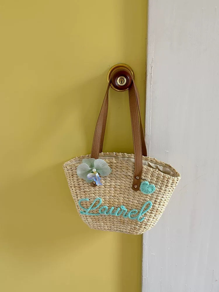 Custom Handwoven Straw Bag & Linen Slippers Set Personalized Summer Beach Tote Embroidered Slides Boho Vacation Gift