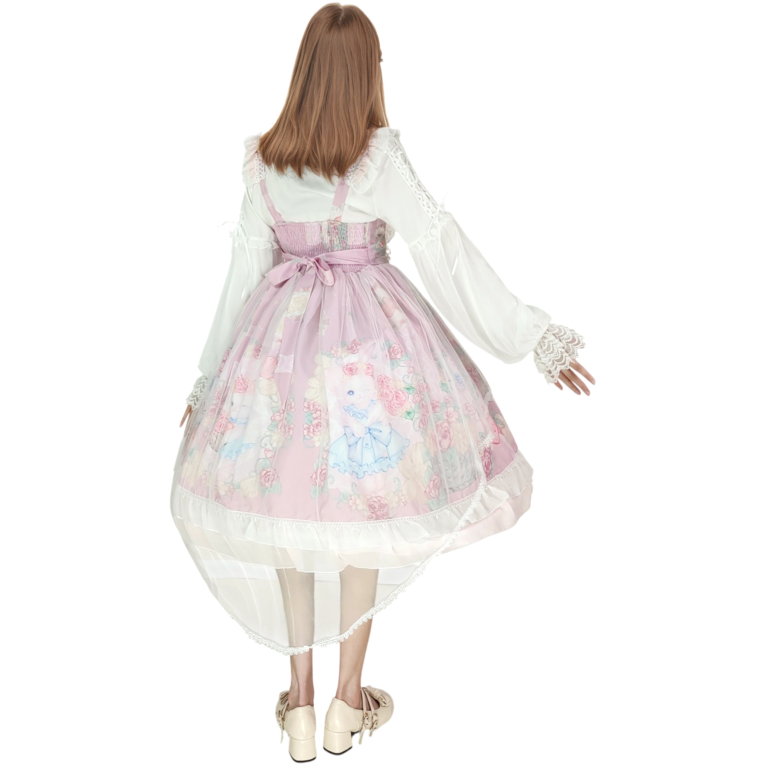 Sweet Lolita Cupcake Cat Print JSK Dress with Lace Ruffles Big Bow Kawaii Princess Style