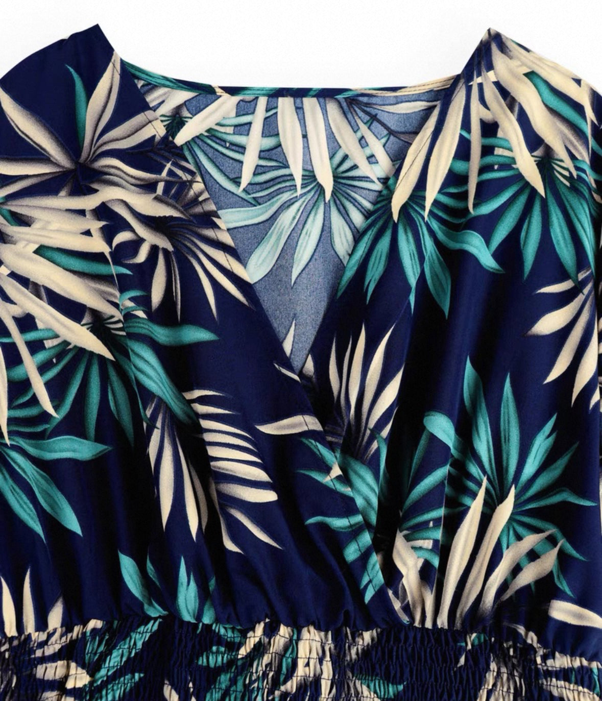 Tropical Leaf V-Neck Smocked Waist Midi Dress for Women Summer Short Sleeve Casual Sundress