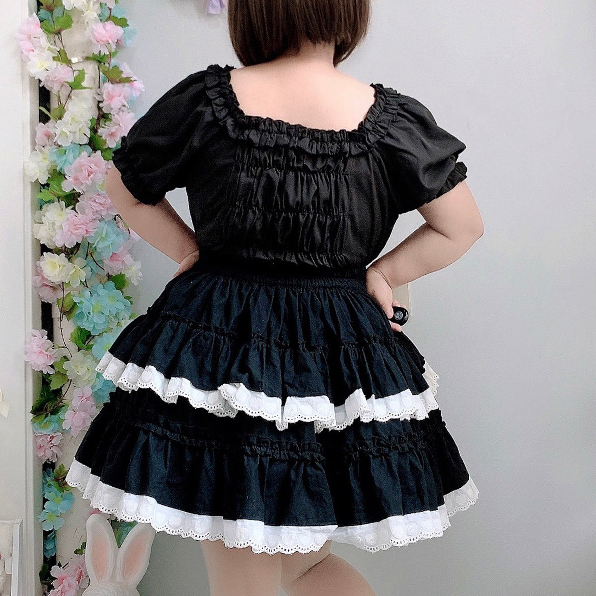 Himifashion Elegant Black Lolita Blouse with Heart Bow and Ruffles Chiffon Tops Trim and Bow Accent
