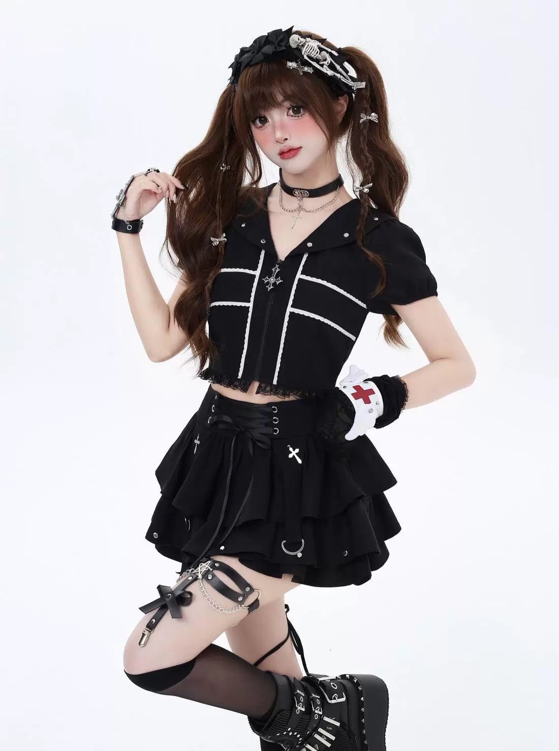 Gothic Lace-Up Layered Mini Skirt for Women Harajuku Y2K Punk High Waist Pleated Skirt