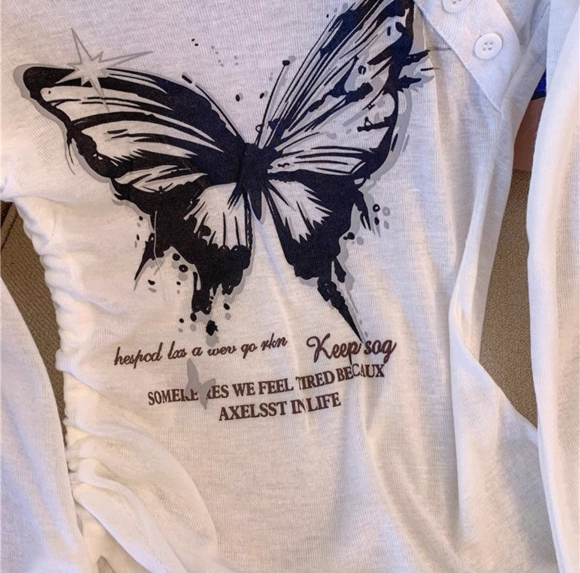 Y2K Butterfly Print Asymmetrical Long Sleeve T-Shirt Ruched Drawstring Slim Fit Crop Top