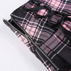 Harajuku Gothic Lace Trim Plaid Pleated Skirt with Side Lace-Up High Waist Punk JK Mini Skirt