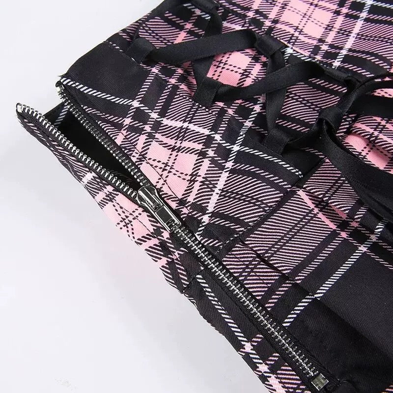 Harajuku Gothic Lace Trim Plaid Pleated Skirt with Side Lace-Up High Waist Punk JK Mini Skirt