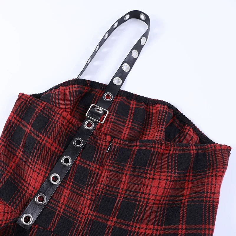 Gothic Red Plaid Punk Dress with Faux Leather Strap Harness Asymmetric Hem Y2K Grunge Girl Style